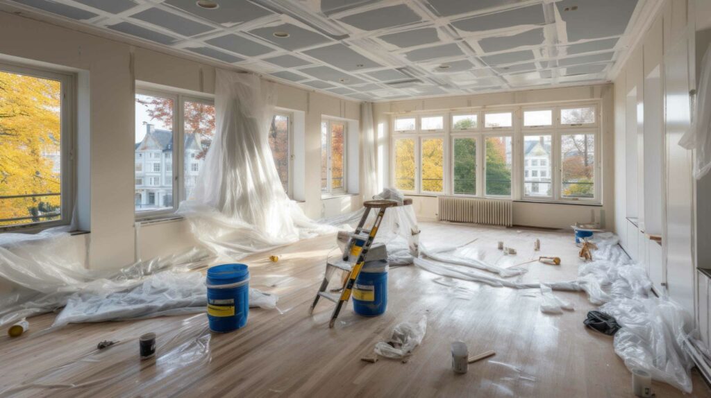 A partially renovated room with a ladder, paint buckets, and plastic sheeting scattered on the wooden floor, overlooking autumn trees.