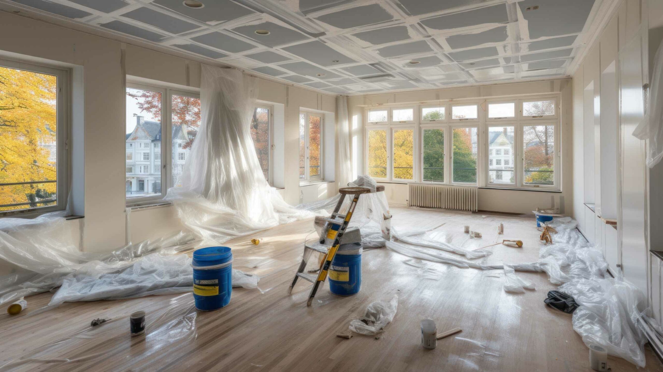 A partially renovated room with a ladder, paint buckets, and plastic sheeting scattered on the wooden floor, overlooking autumn trees.