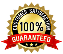 Gold badge with a black center reads "Customer Satisfaction 100% Guaranteed" in bold.