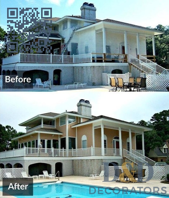 Split image showing a house before and after repainting. The "before" photo shows a dull, unfinished look; the "after" shows a vibrant peach exterior, creating a refreshed, inviting appearance.