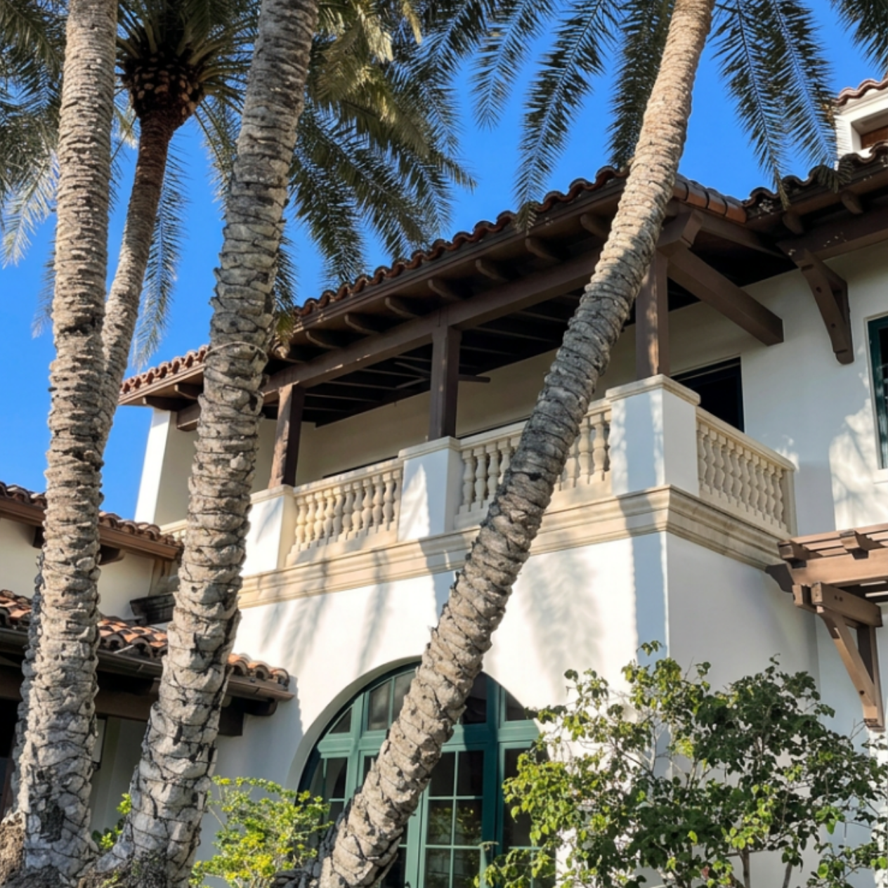 Large stucco home repainted in a warm neutral body color