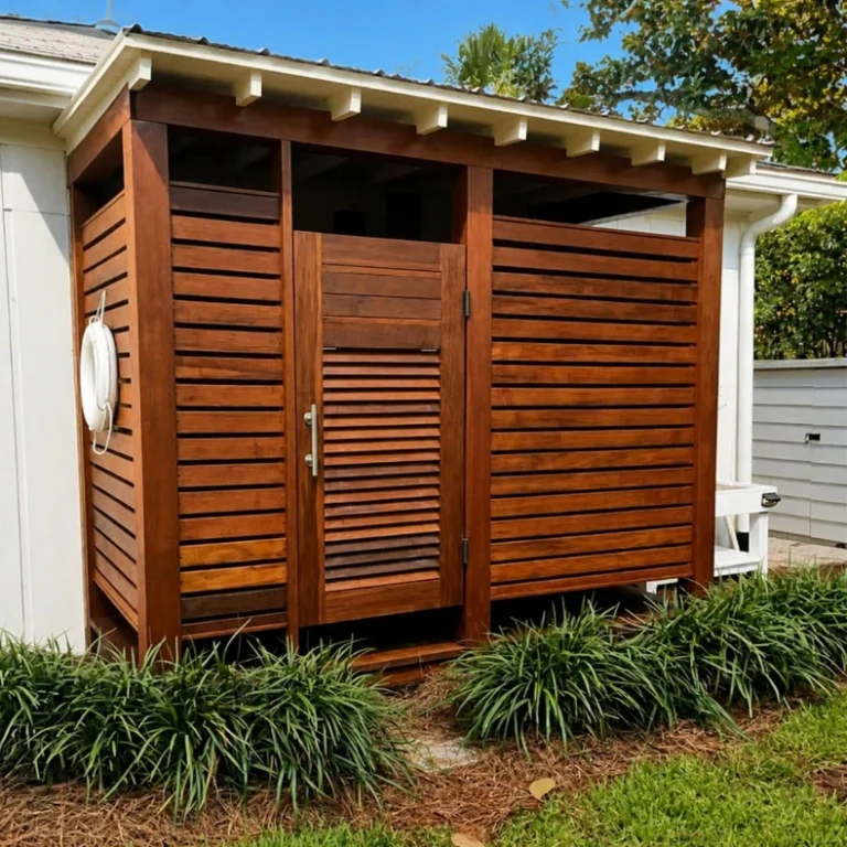 Stained wood outdoor shower enclosure