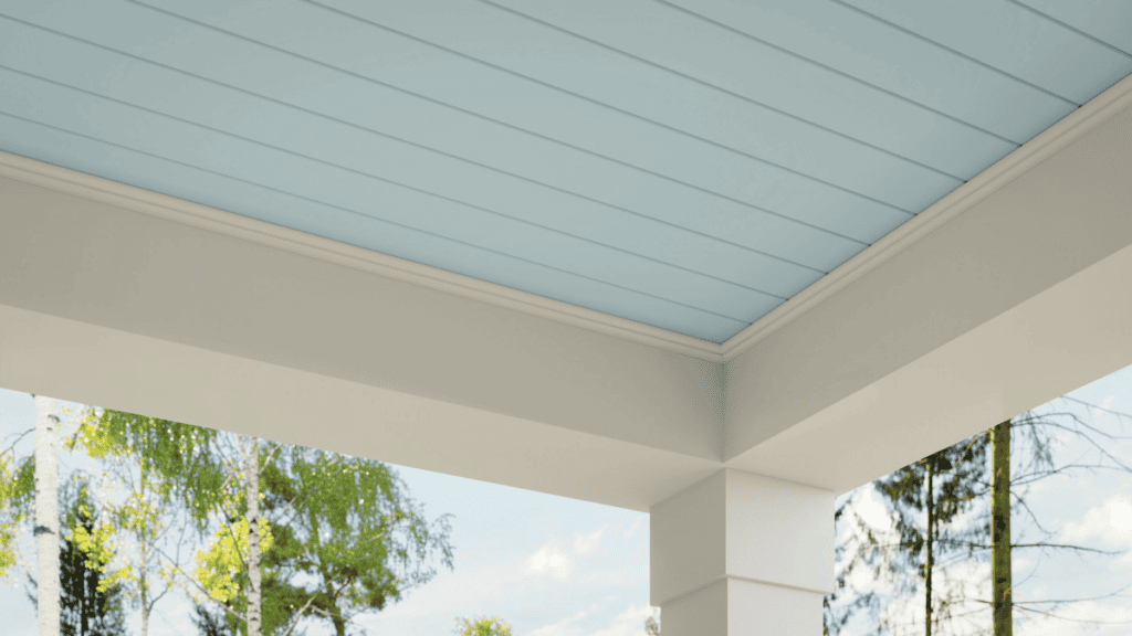 Saint Simons Island Light blue porch ceiling above white porch beams and columns