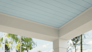 Saint Simons Island Light blue porch ceiling above white porch beams and columns