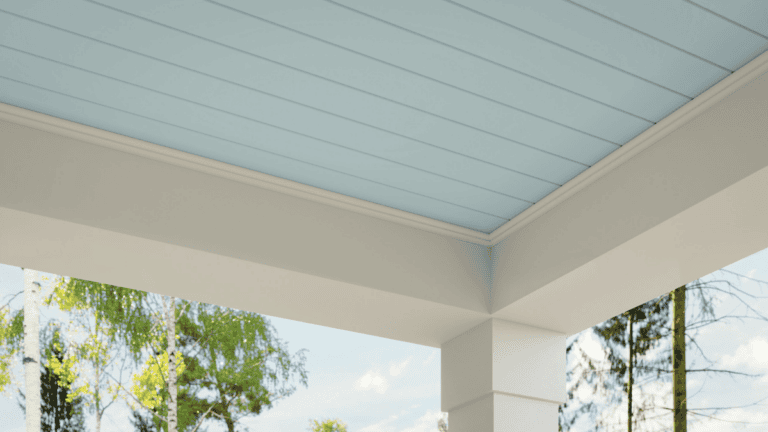 Light blue porch ceiling above white porch beams and columns