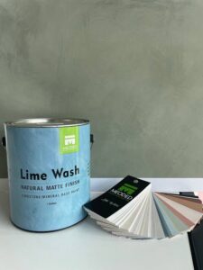 Limewash paint and color samples displayed in front of a soft green textured limewash wall.