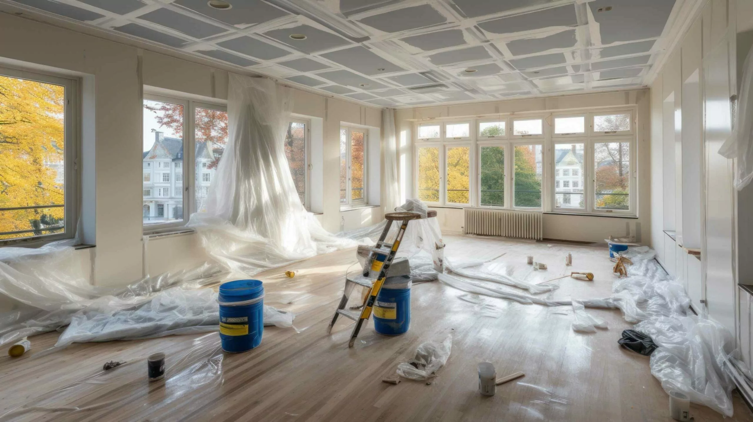A partially renovated room with a ladder, paint buckets, and plastic sheeting scattered on the wooden floor, overlooking autumn trees.