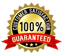 Gold badge with a black center reads "Customer Satisfaction 100% Guaranteed" in bold.