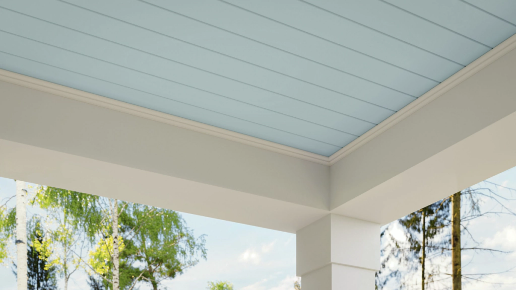 Saint Simons Island Light blue porch ceiling above white porch beams and columns