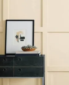 Southern Home Trends Cream board-and-batten wall with framed art above a black dresser