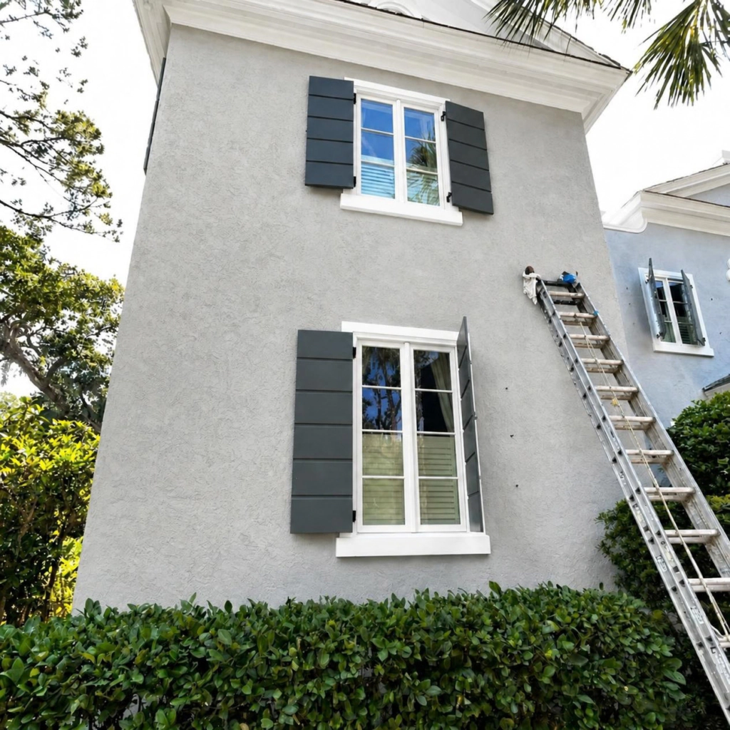 Sea Palms House Painters Gray stucco exterior with dark shutters and a ladder against the wall during painting