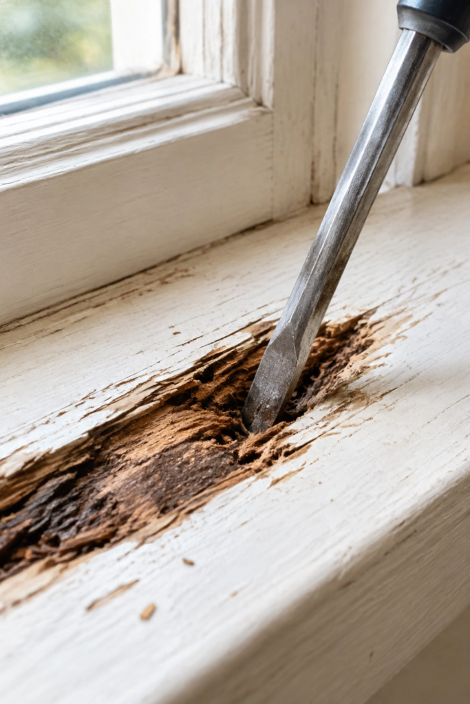 Screwdriver test showing wood rot in a window sill